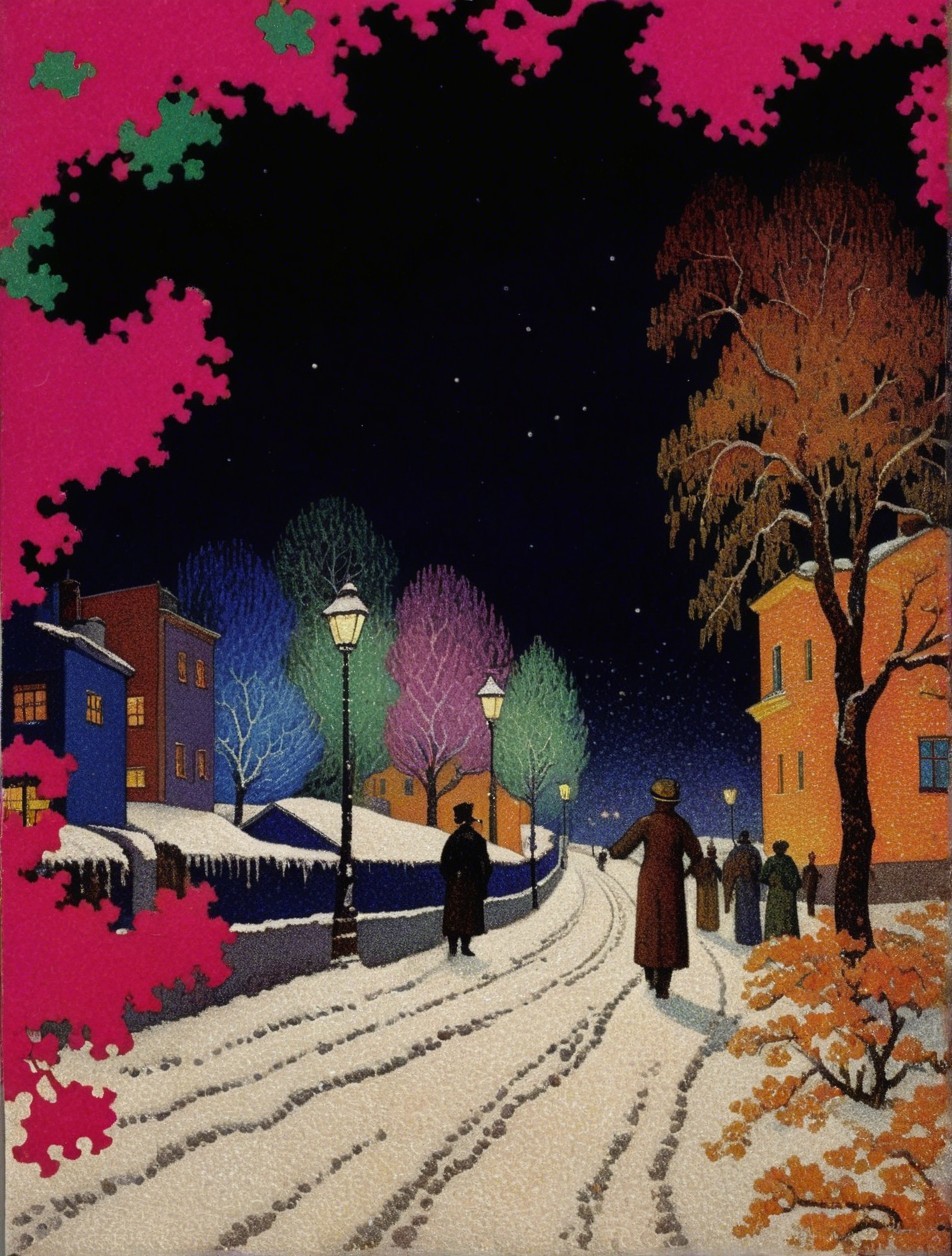 Victorian Winter Street Scene with Snow and Night Sky
