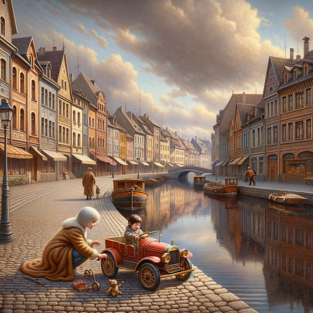 Grandmother and child play by a scenic canal in town