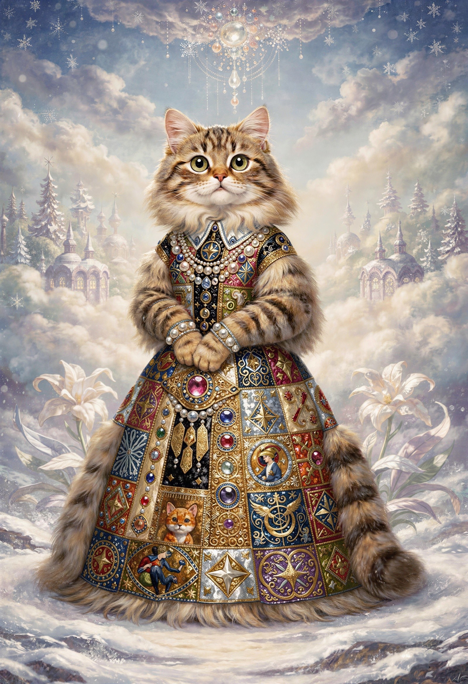 Regal Tabby Cat in Ornate Jewel-Encrusted Dress