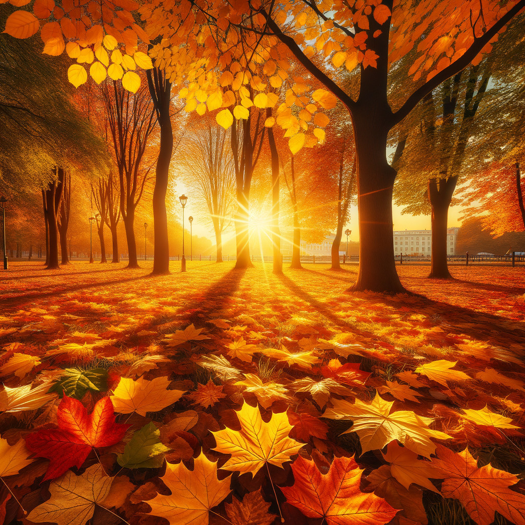 Vibrant Autumn Scene with Golden Leaves and Sunset