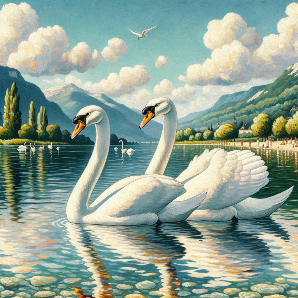 Elegant Swans on a Serene Lake with Lush Greenery