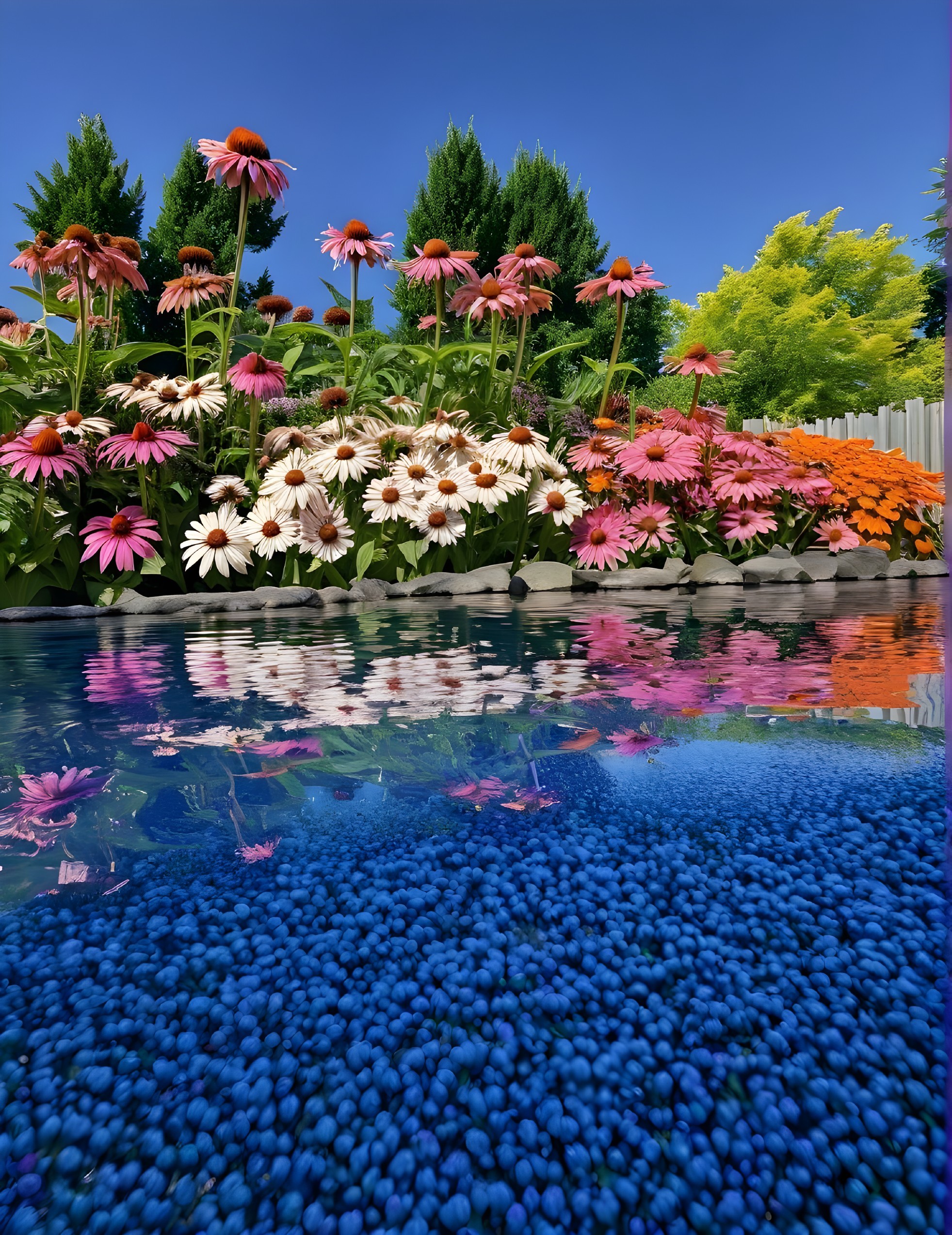 Vibrant Garden Scene with Colorful Flowers and Pool