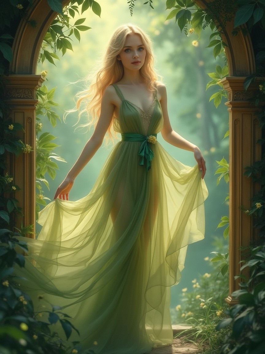 Serene figure in an ethereal garden with flowers