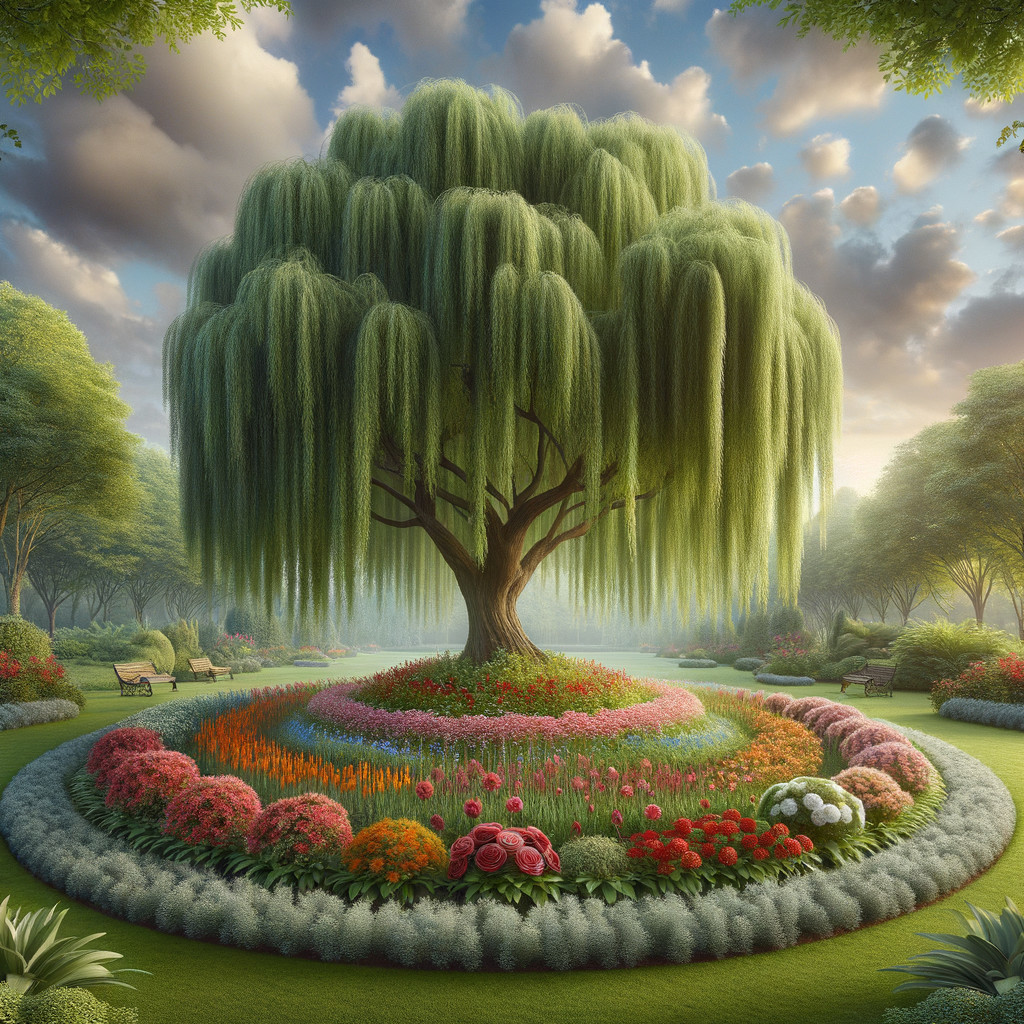 Willow Tree Surrounded by Colorful Flower Beds in Garden