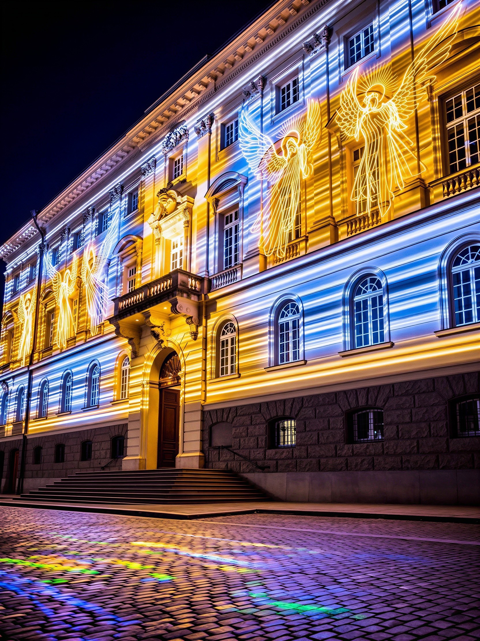 Nighttime Projection on Grand Stone Building Facade