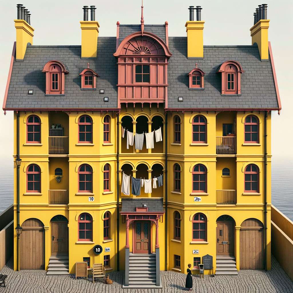 Whimsical Yellow House with Gray Roof and Red Windows