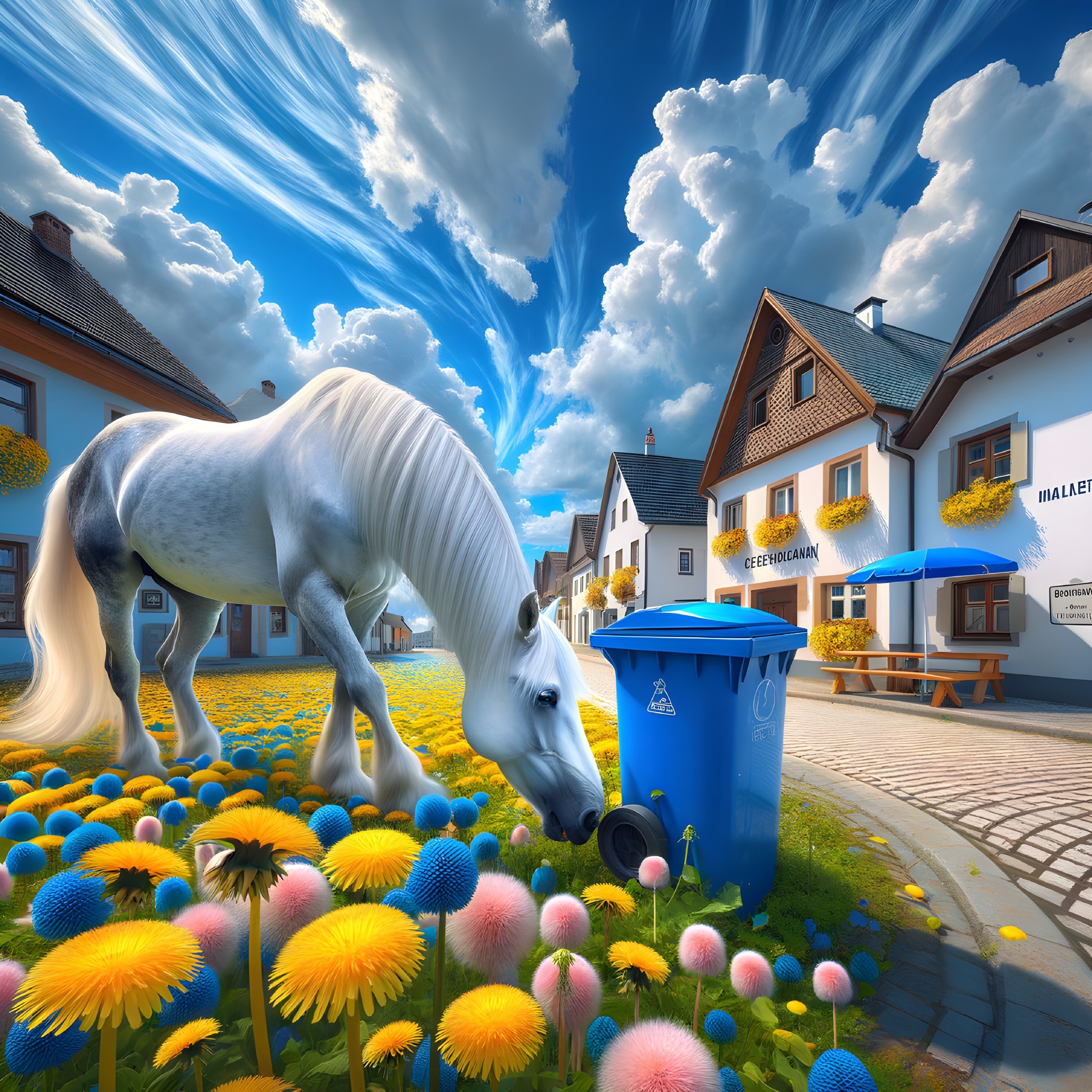 Vibrant Village Scene with Horse and Colorful Garden