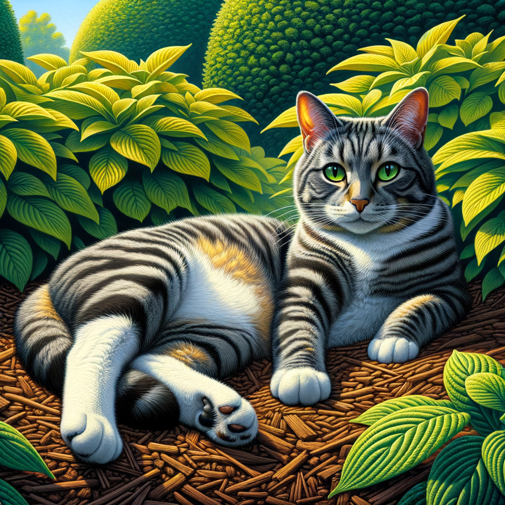 Tabby Cat Relaxing in Lush Green Garden Setting