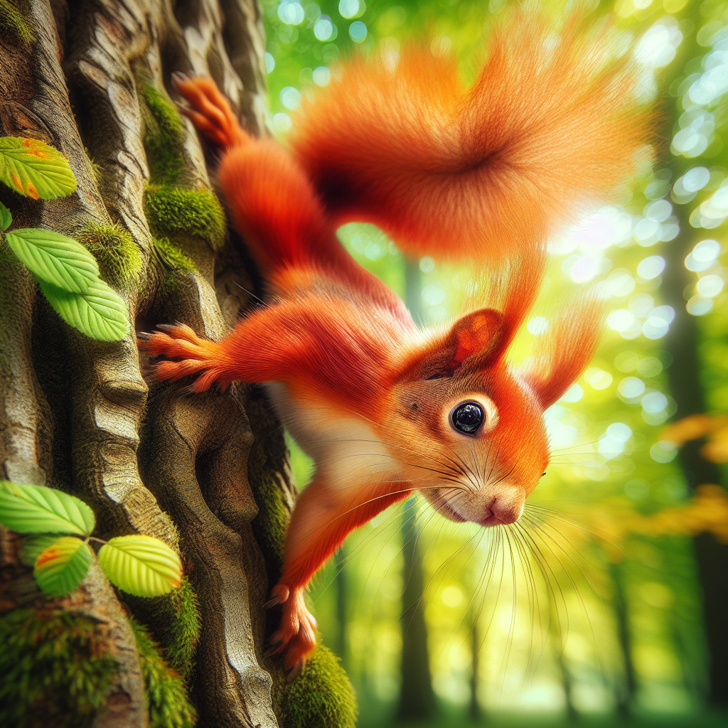 Vibrant Red Squirrel on Textured Tree Trunk