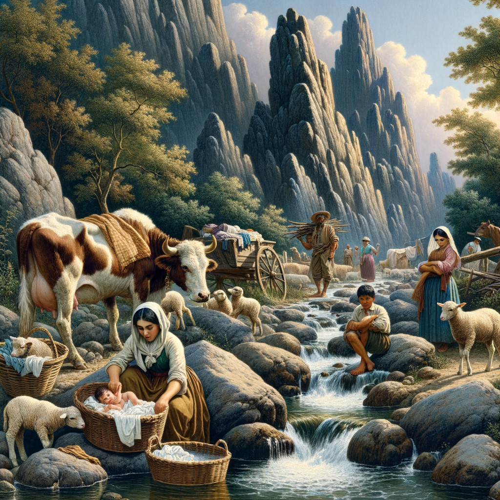 Rural Life by a Stream in a Mountainous Landscape
