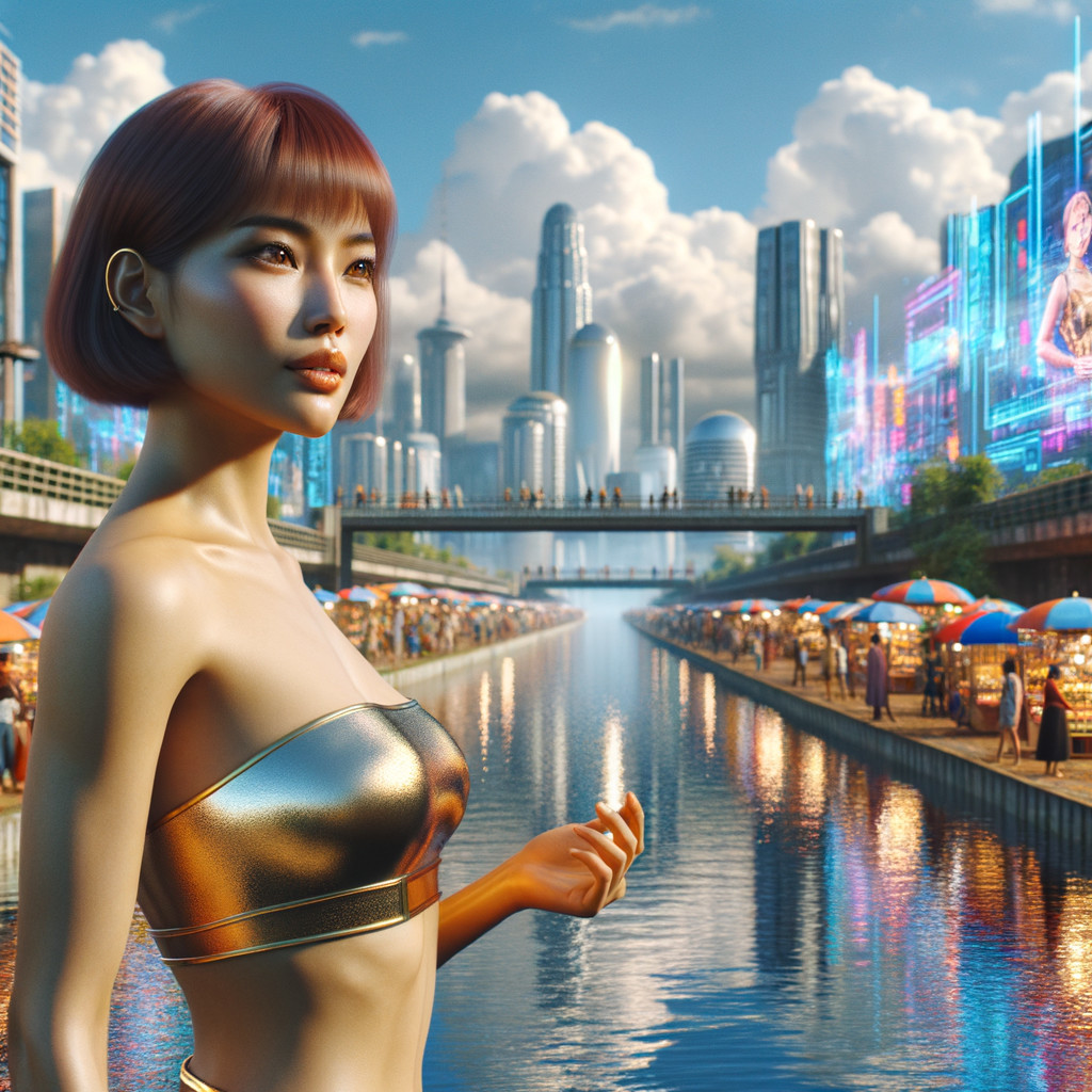 Futuristic cityscape with vibrant holograms and markets