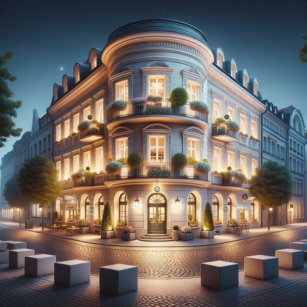 Elegant Corner Building at Night with Warm Glow