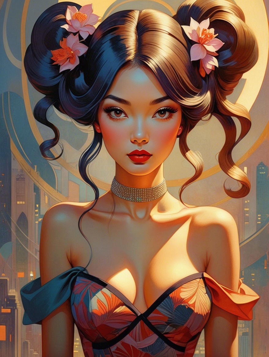 Woman with Black Hair in Floral Dress Against Cityscape
