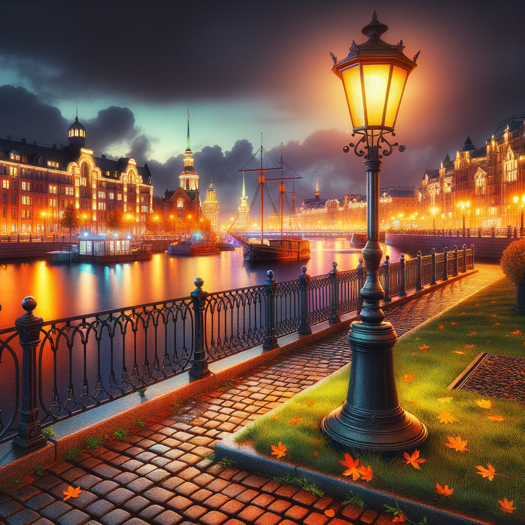 Dusk Riverside Scene with Lamp Post and Reflections