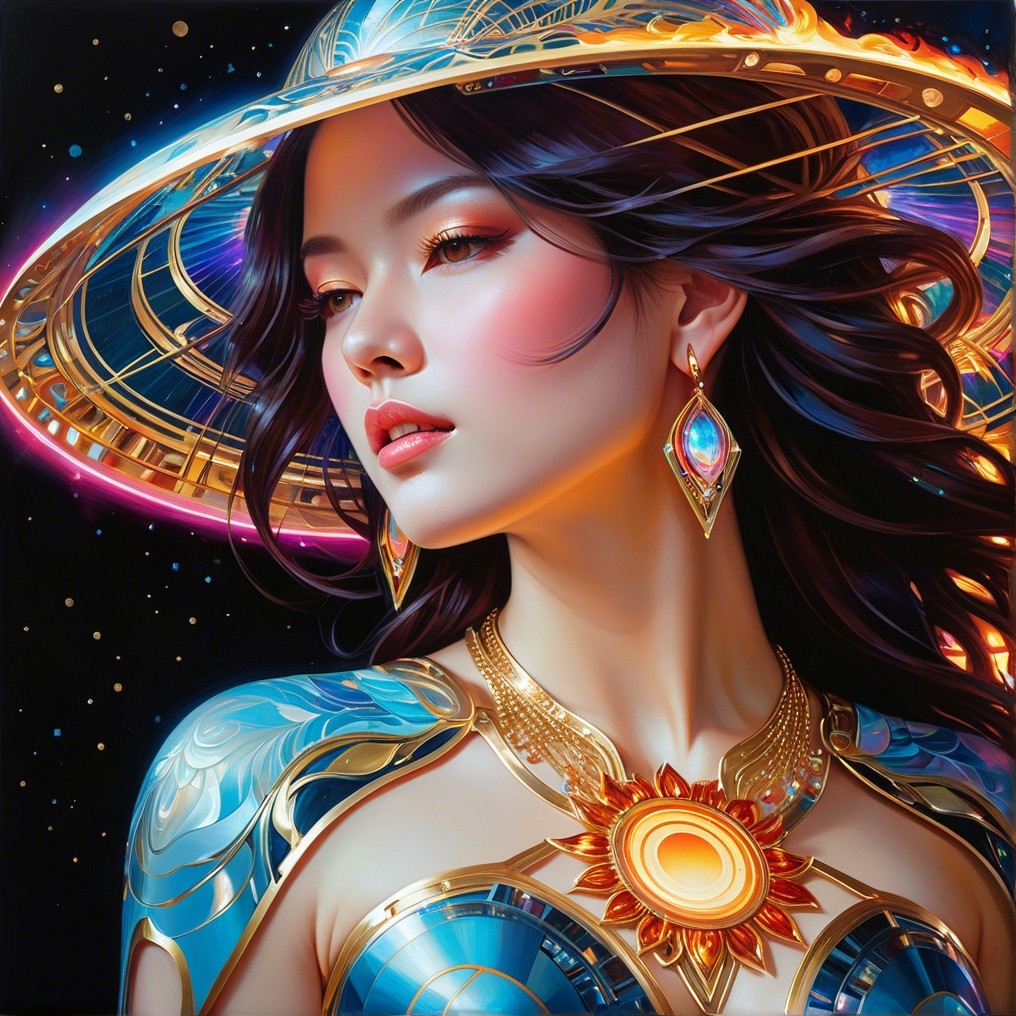 Portrait of a woman in vibrant attire with celestial hat
