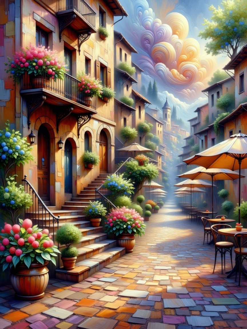 Charming Street with Colorful Flowers and Balconies