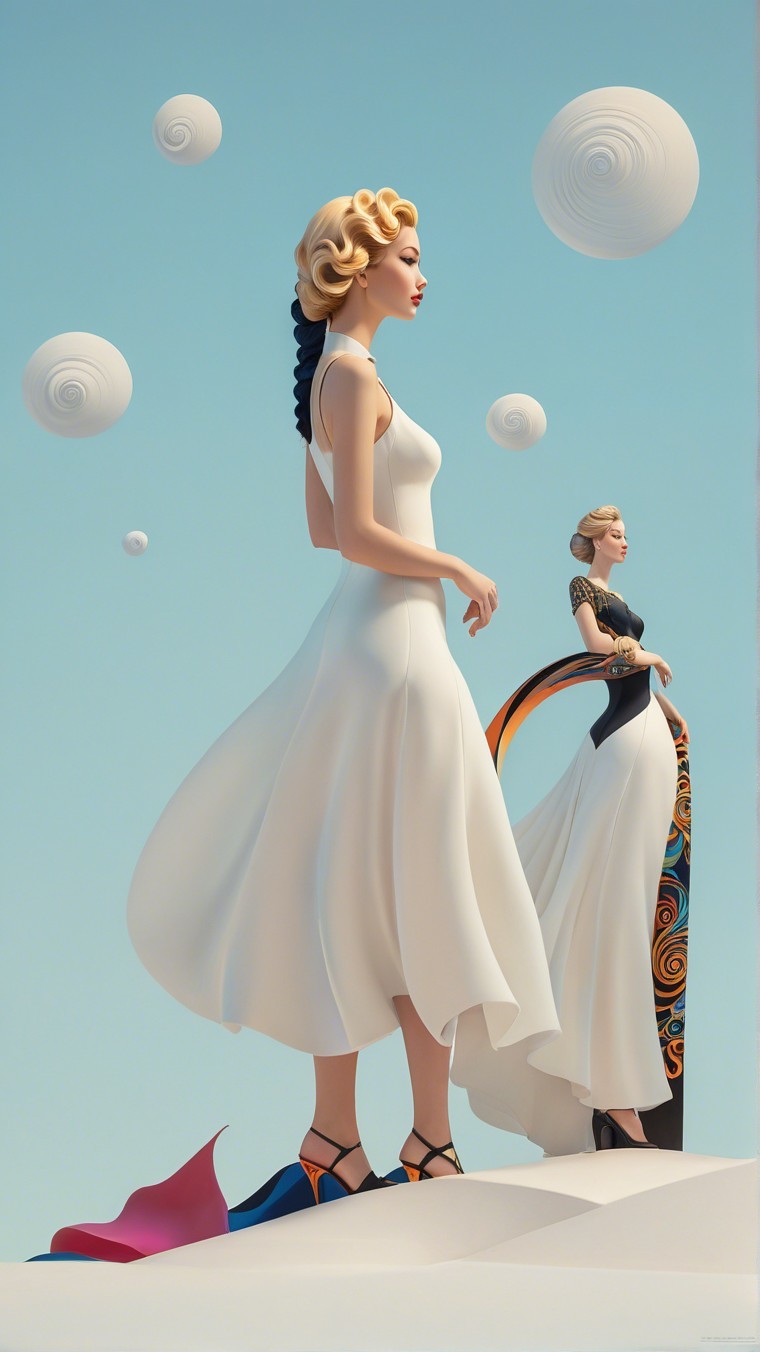 Stylized Female Figures Against Serene Blue Background