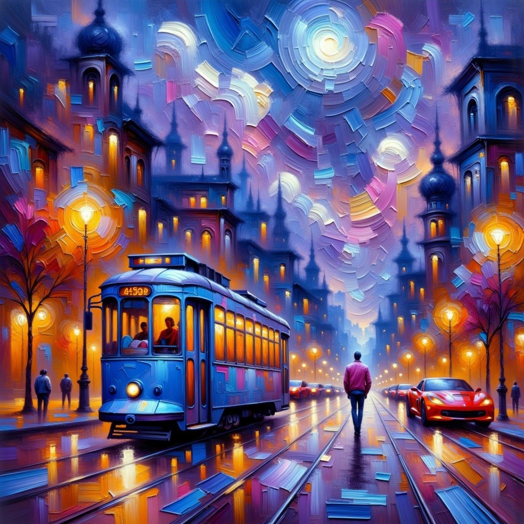 Vibrant Nighttime Scene with Blue Tram and Colorful Buildings