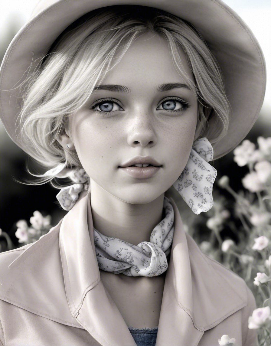 Young woman in a flower field with serene expression