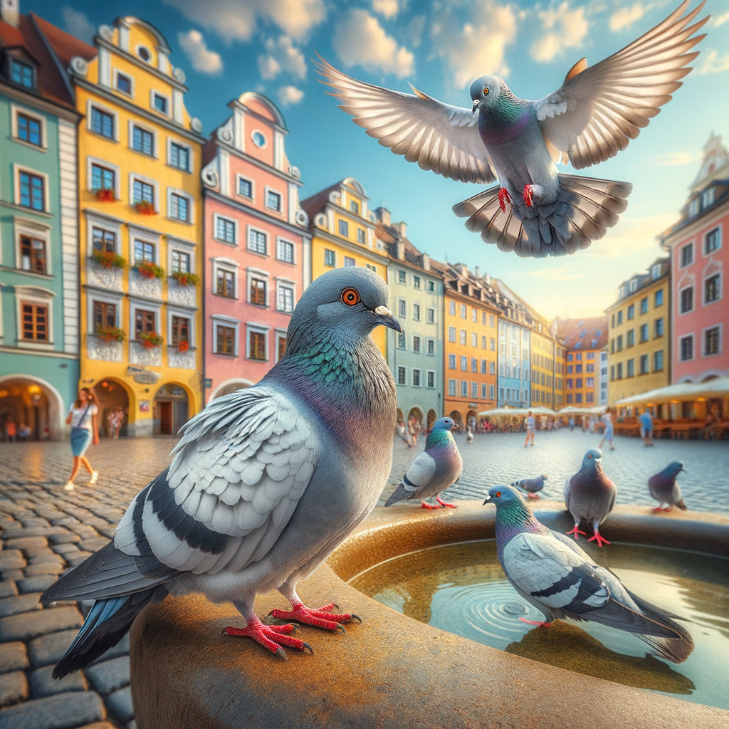 Pigeons and Fountain in a Colorful Urban Square