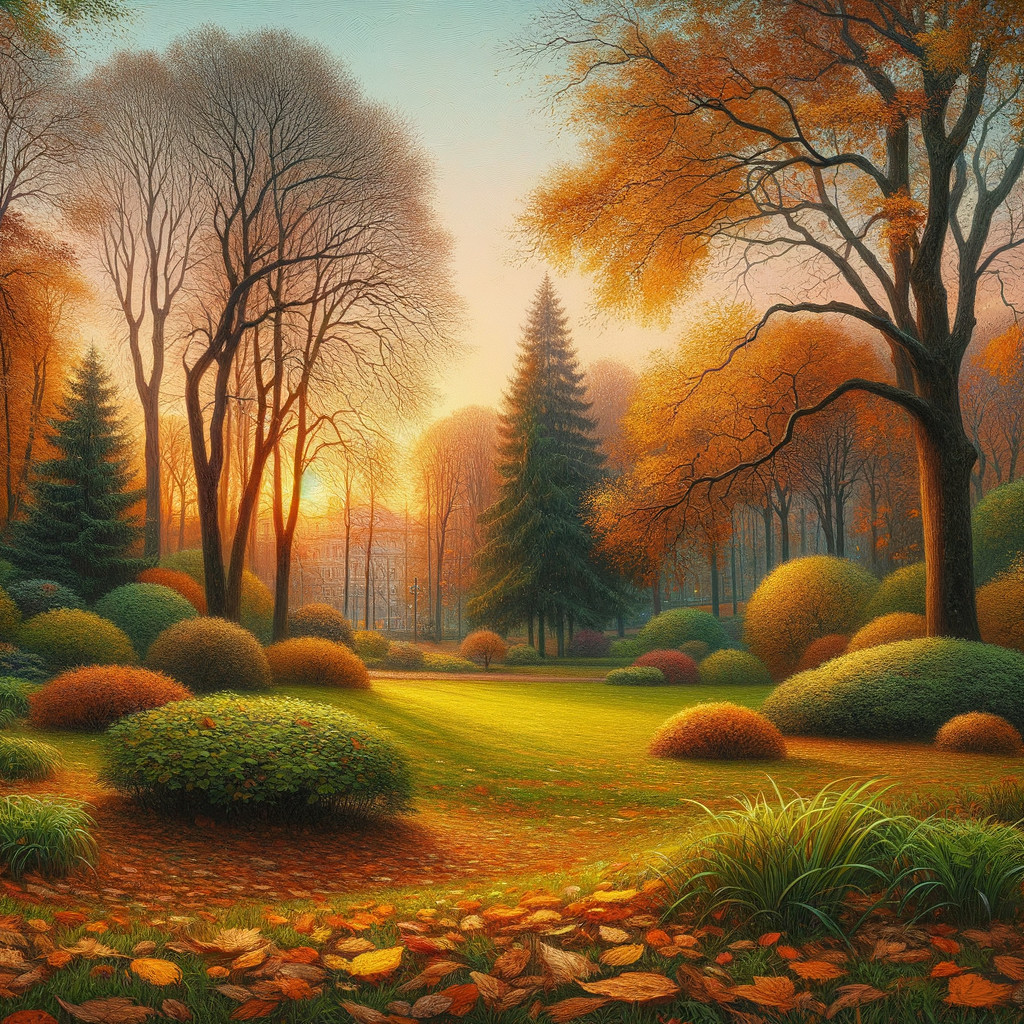 Serene Autumn Landscape with Vibrant Foliage and Sunset