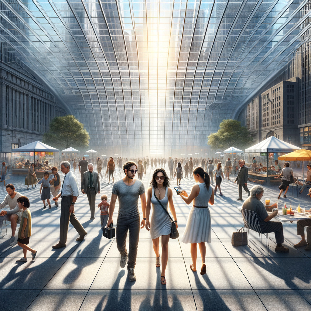 Urban plaza under glass canopy with vibrant activities