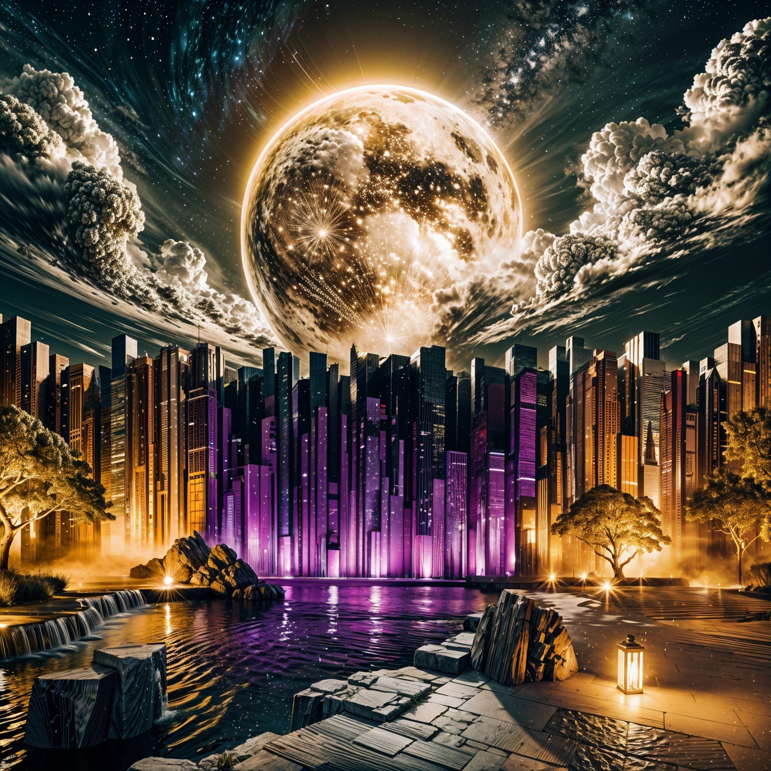 Futuristic cityscape with glowing moon and waterfalls