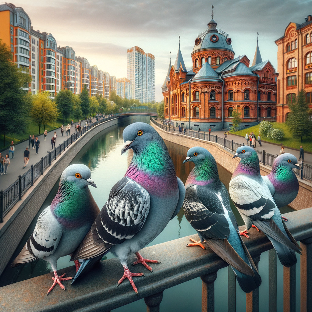 Colorful Pigeons by a Serene Canal at Sunset