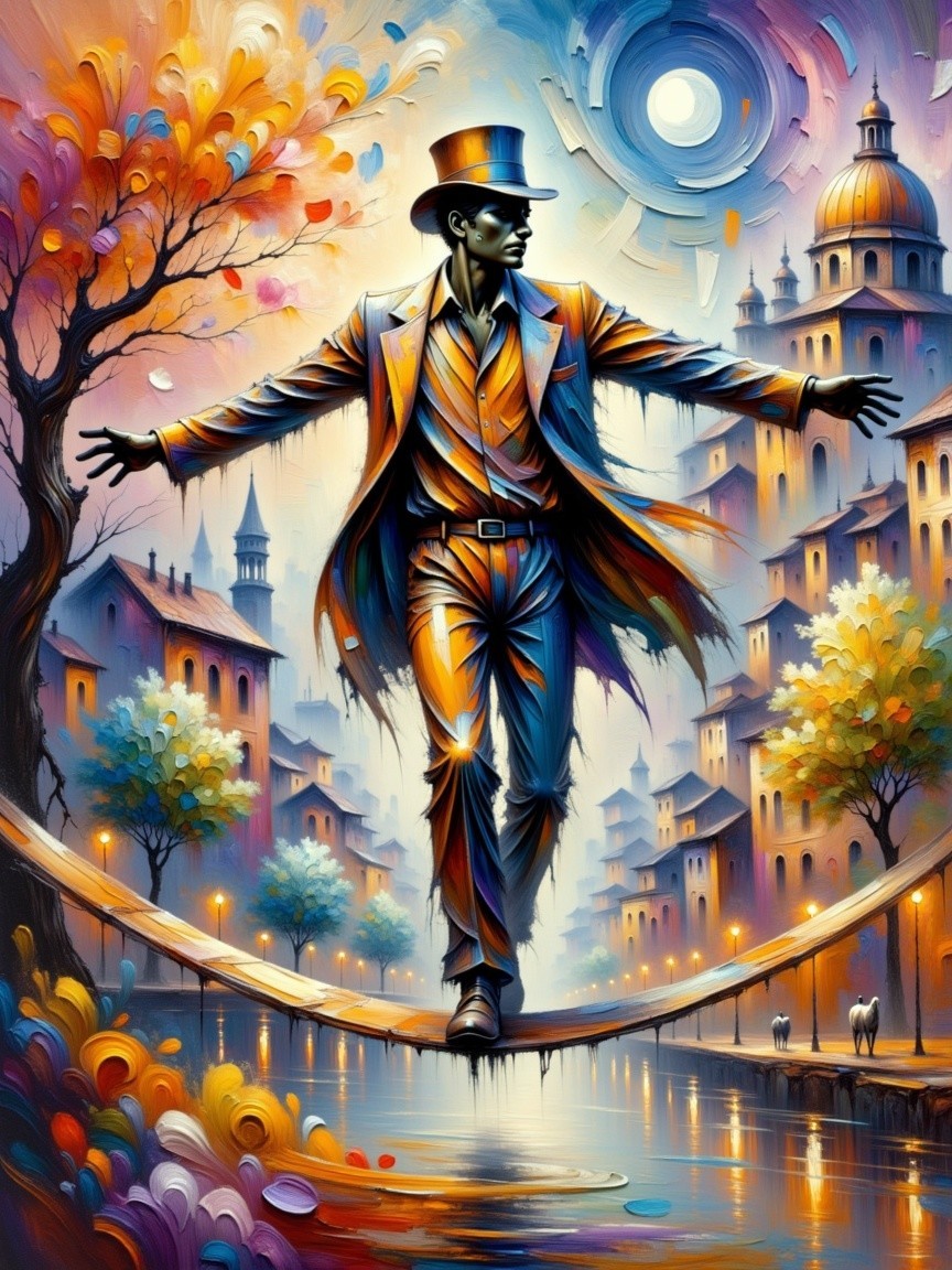 Surreal Tightrope Walker in Colorful Cityscape
