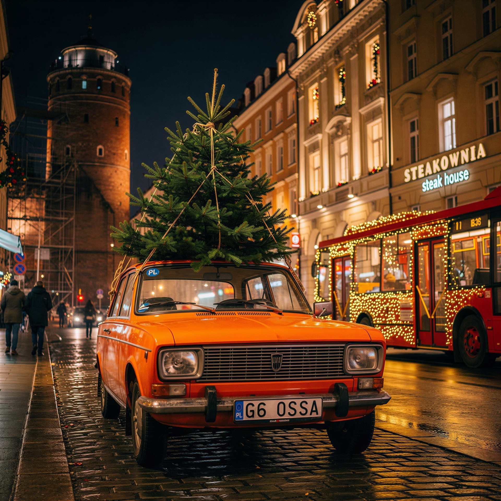Orange Vintage Car with Christmas Tree at Night