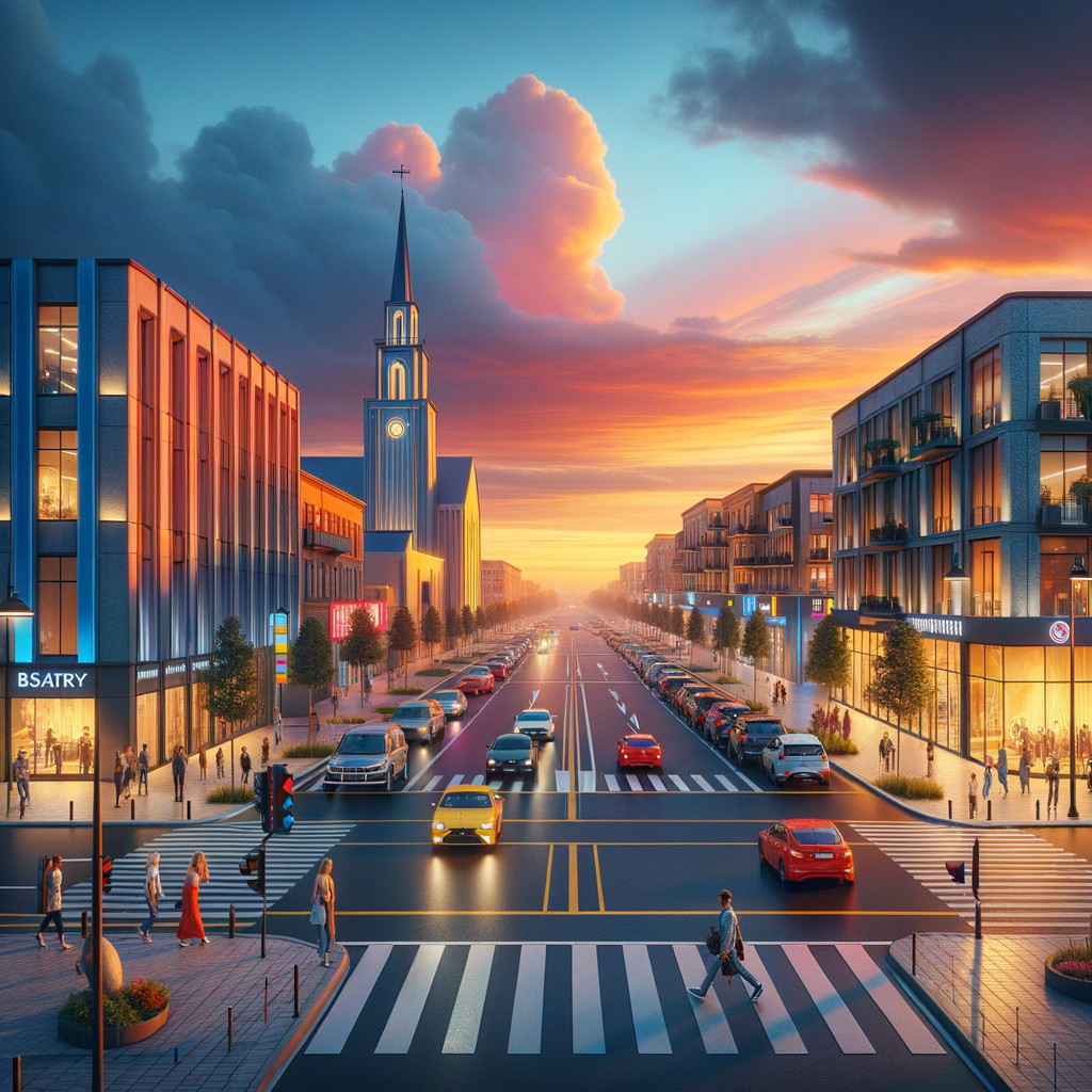 Urban Sunset Scene with Modern Buildings and People
