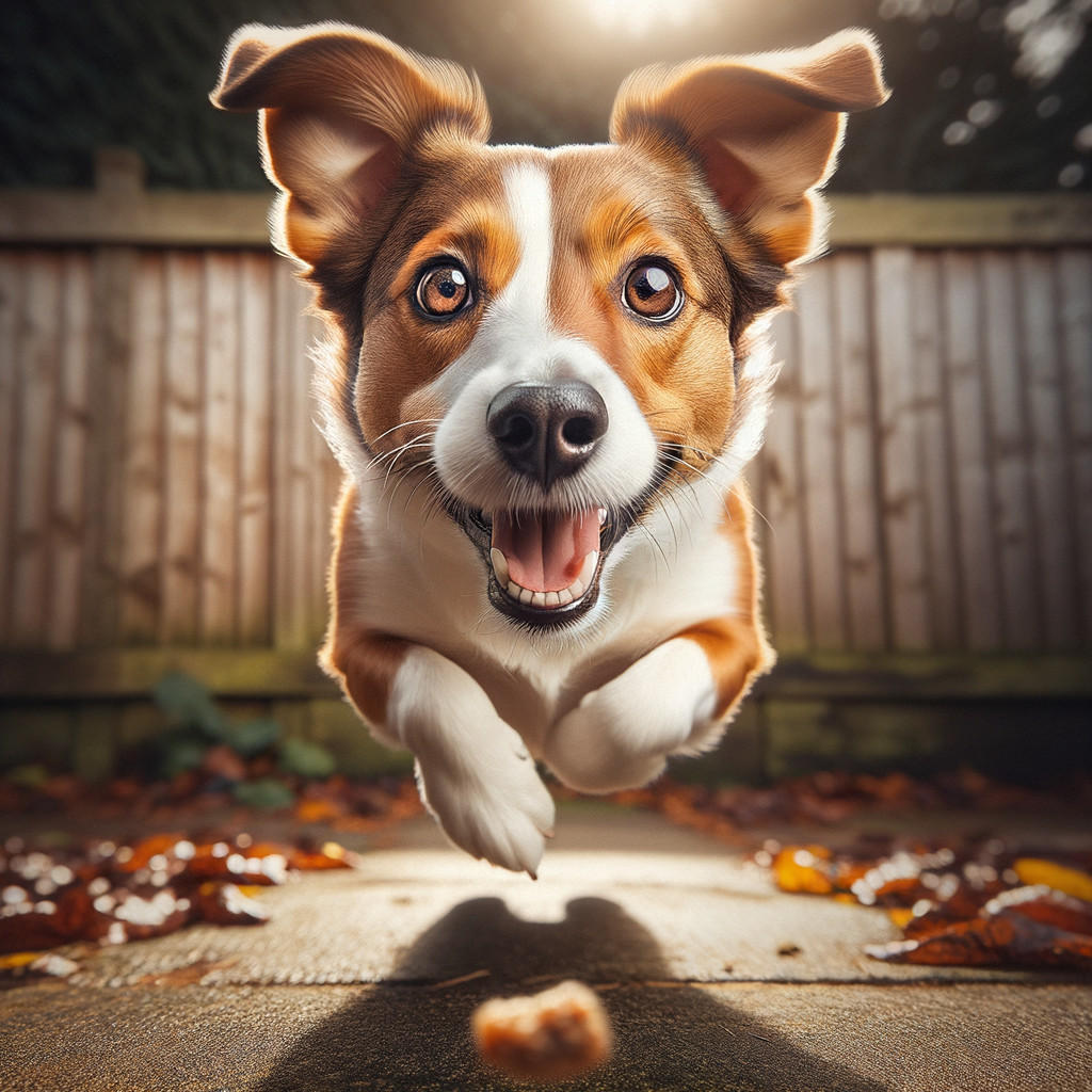 Joyful Dog Leaping with Autumn Background Elements