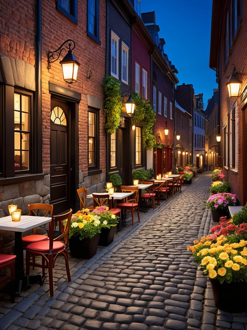 Charming Cobblestone Alley with Warm Street Lamps