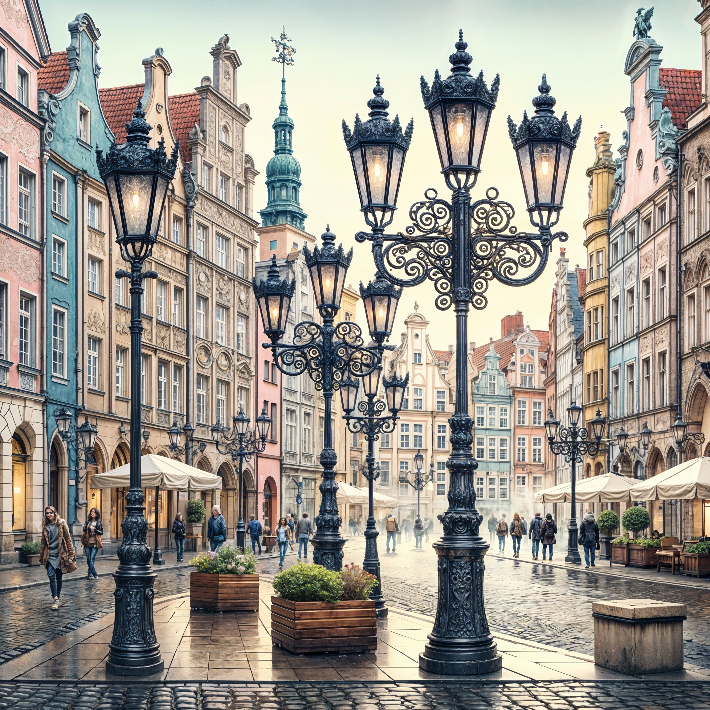 Ornate Street Lamps Illuminate Quaint Plaza Scene
