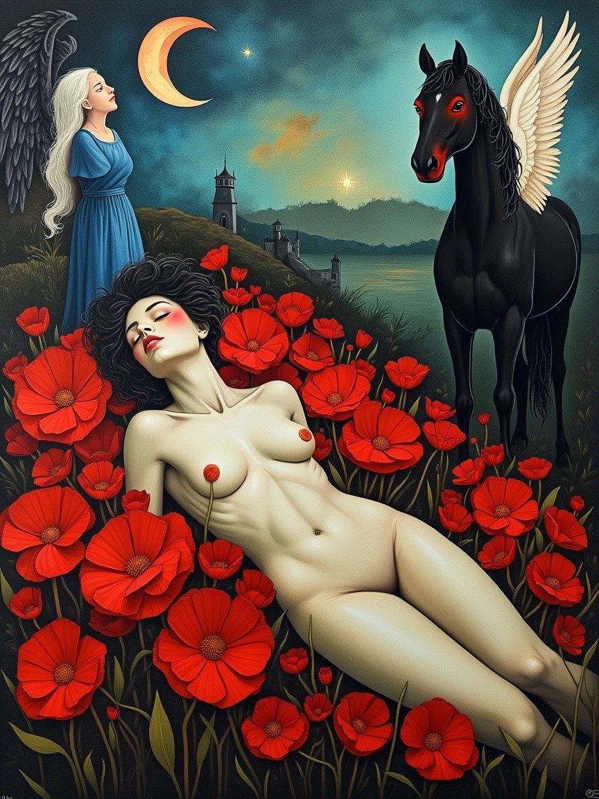 Surreal Scene with Woman, Horse, and Moonlit Landscape