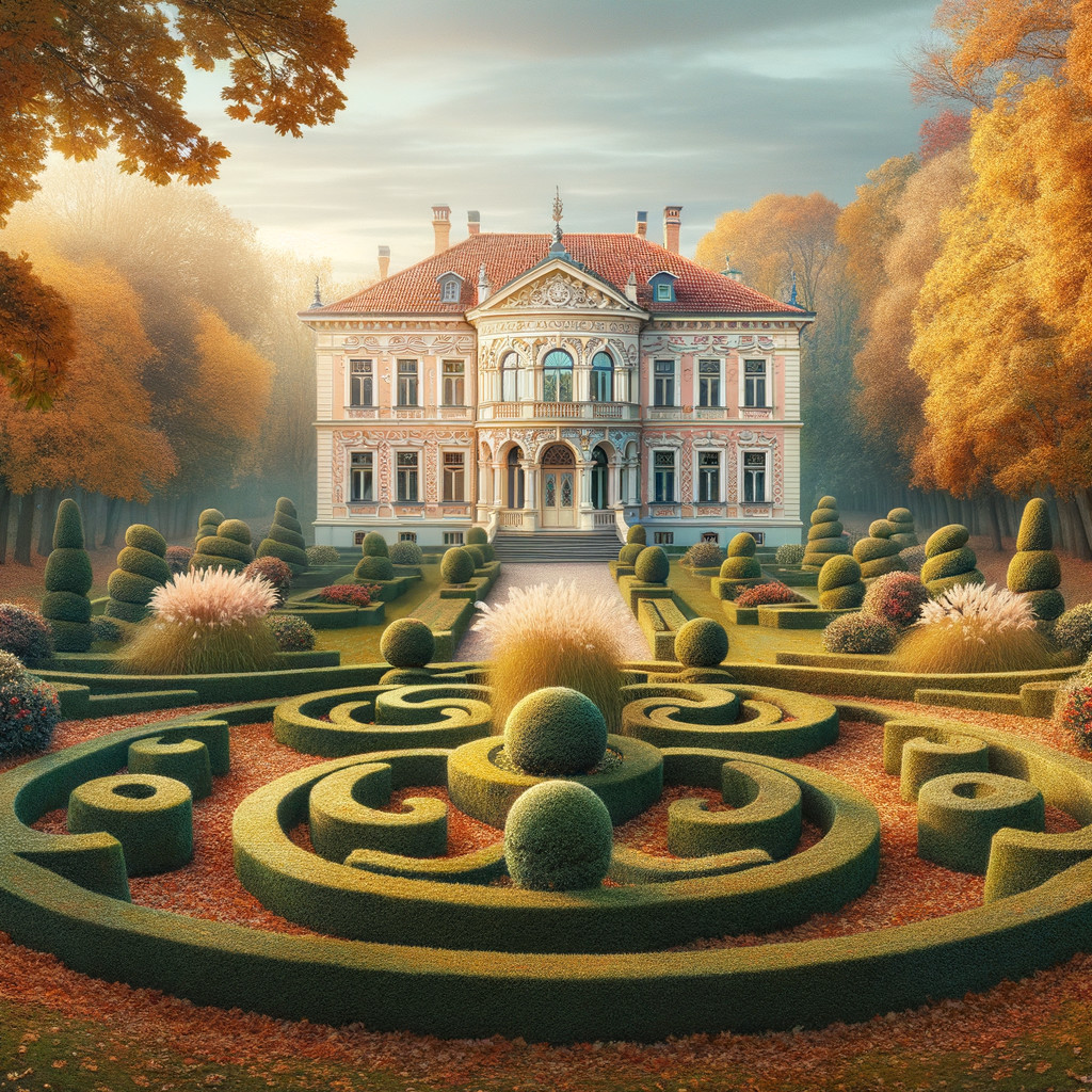 Grand Mansion with Sculpted Hedges and Autumn Foliage