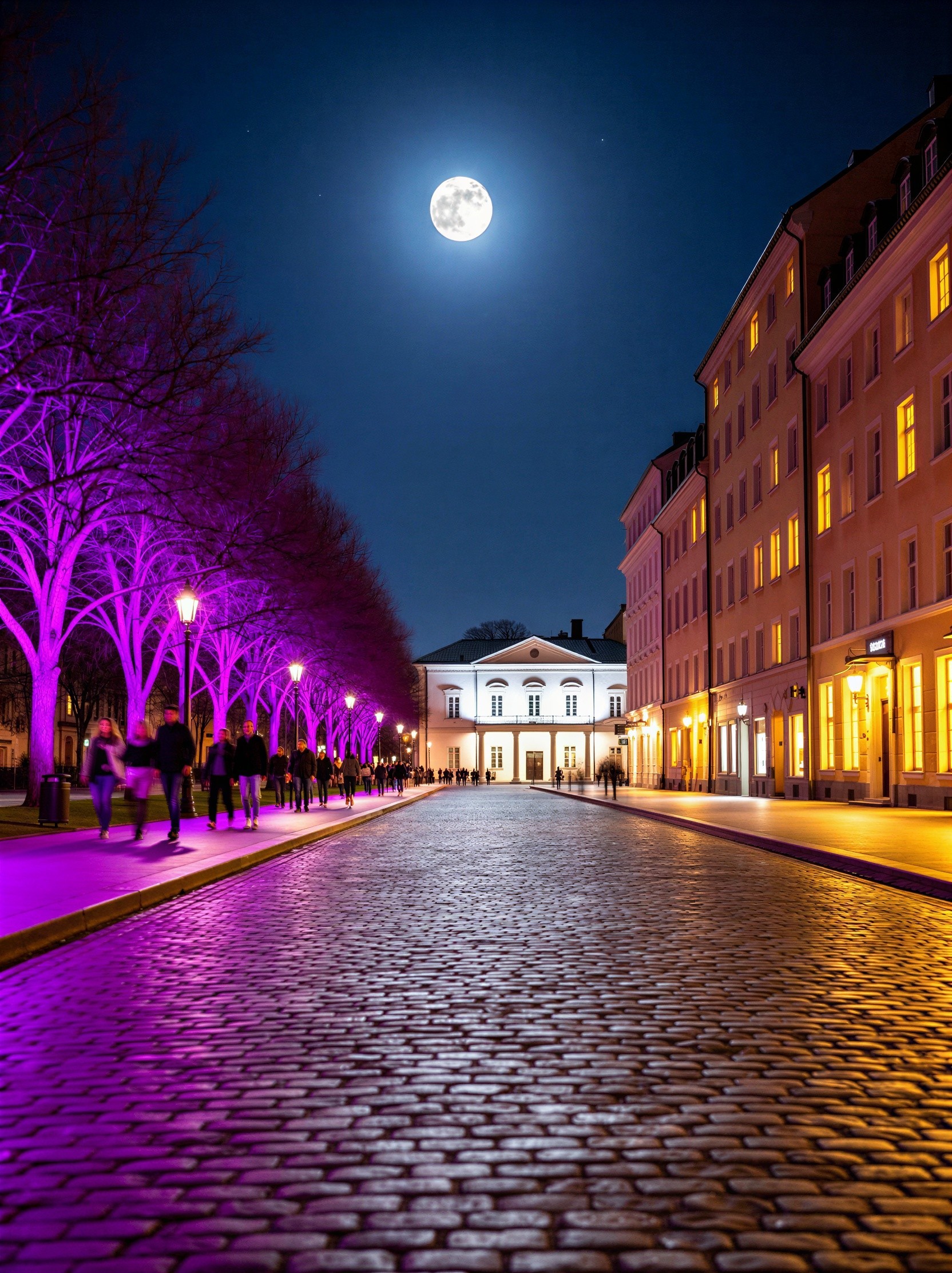 Cobblestone Street Scene Under Full Moon and Lights