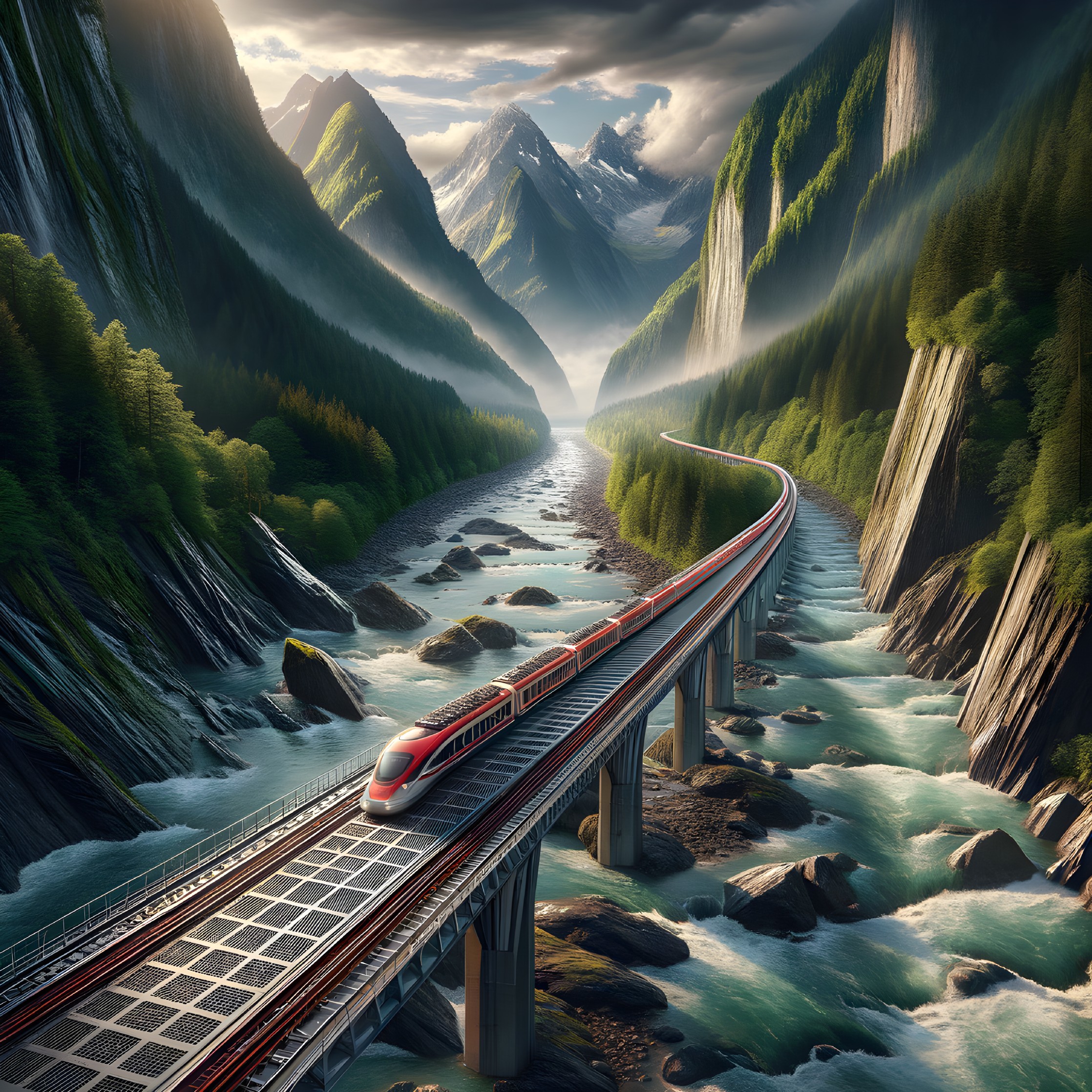 Red Train on Bridge Over Turquoise River and Mountains