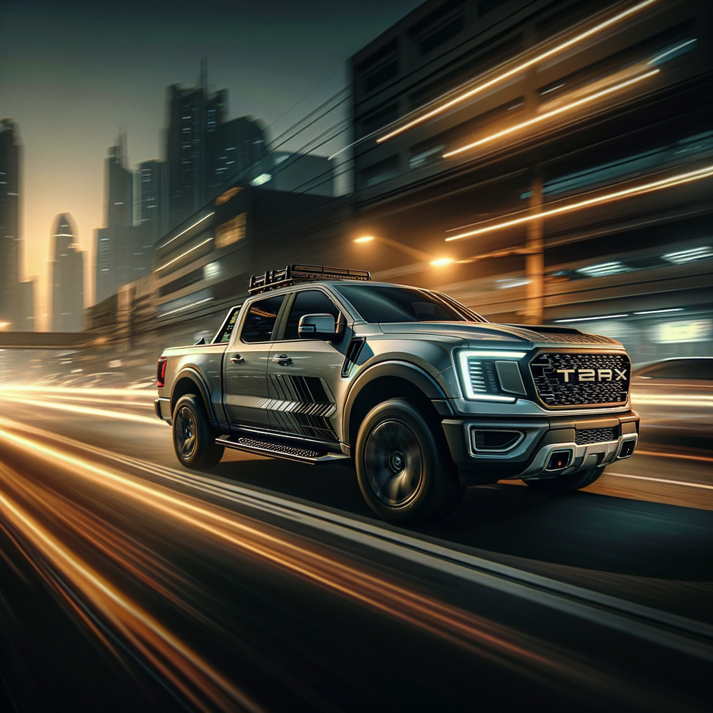 Sleek Truck in Vibrant Cityscape at Dusk