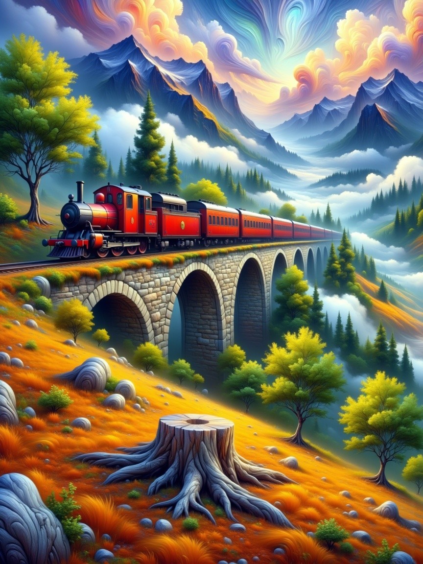 Steam Train on Stone Bridge in Vibrant Landscape