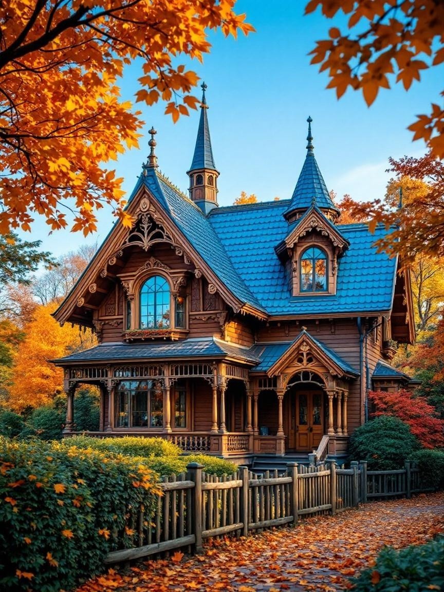 Victorian Wooden House Surrounded by Autumn Foliage