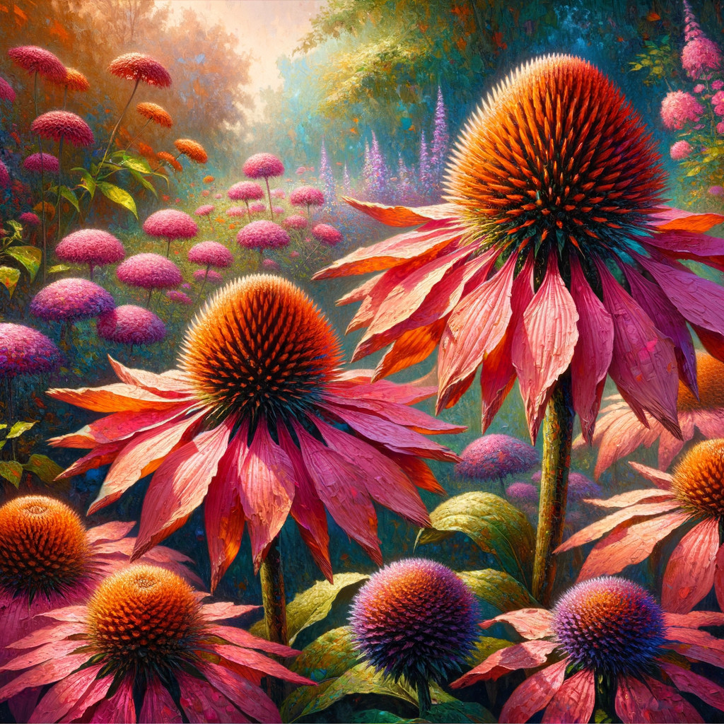 Surreal garden with spiky pink and purple flowers
