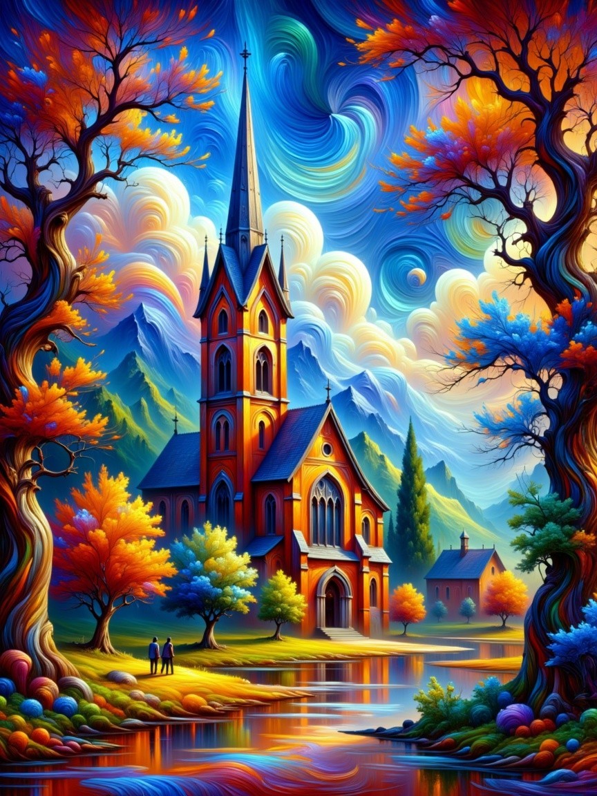 Vibrant Autumn Landscape with Church and Mountains