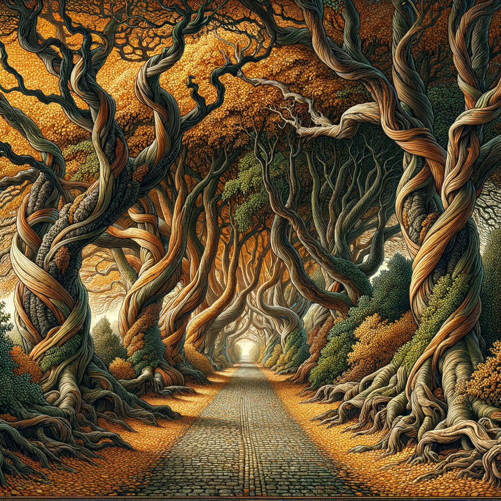 Pathway Through Enchanted Forest with Autumn Canopy