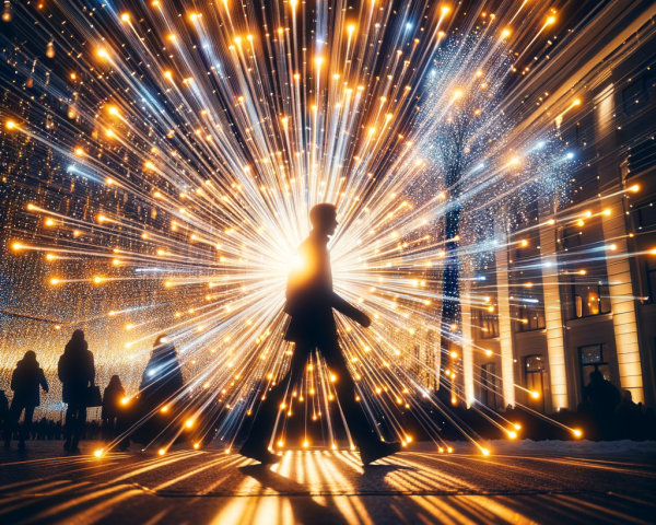 Silhouetted Figure Approaching Bright Lights and Patterns