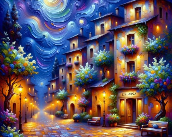 Dreamlike Street Scene with Colorful Buildings and Lights