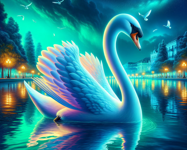 Luminous Swan on Tranquil Lake Under Starry Sky