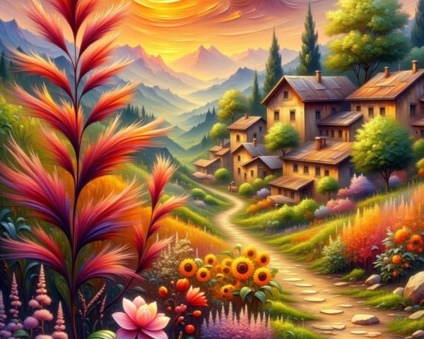 Vibrant Landscape with Charming Houses and Sunset Sky