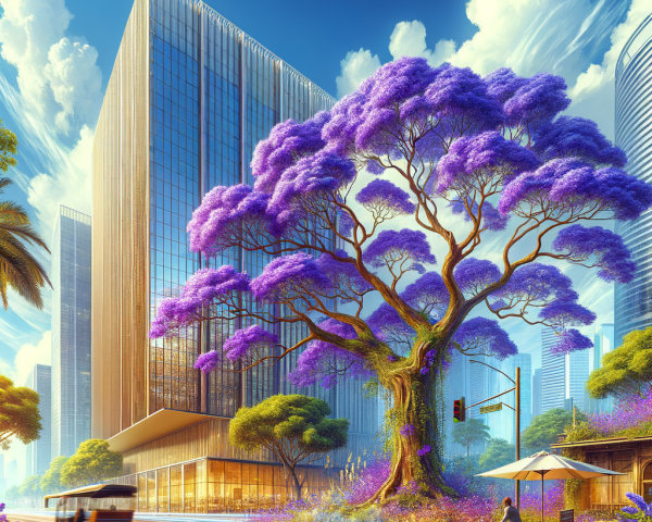 Urban Scene with Purple-Flowering Tree and Skyscraper