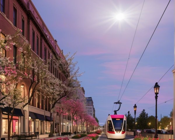 Modern tram in a scenic cherry blossom street